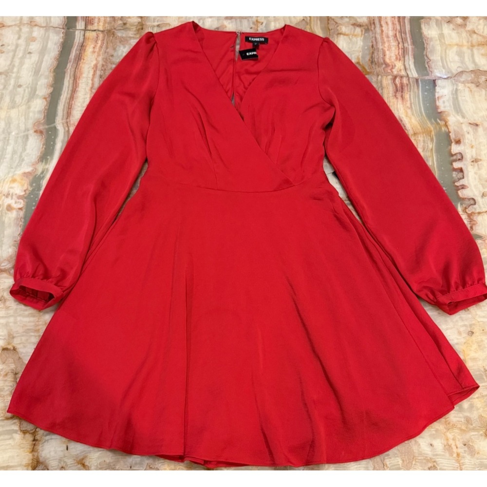 NWT Express Womens Fit & Flare Dress Red Surplice Neck Cottagecore Elegant S